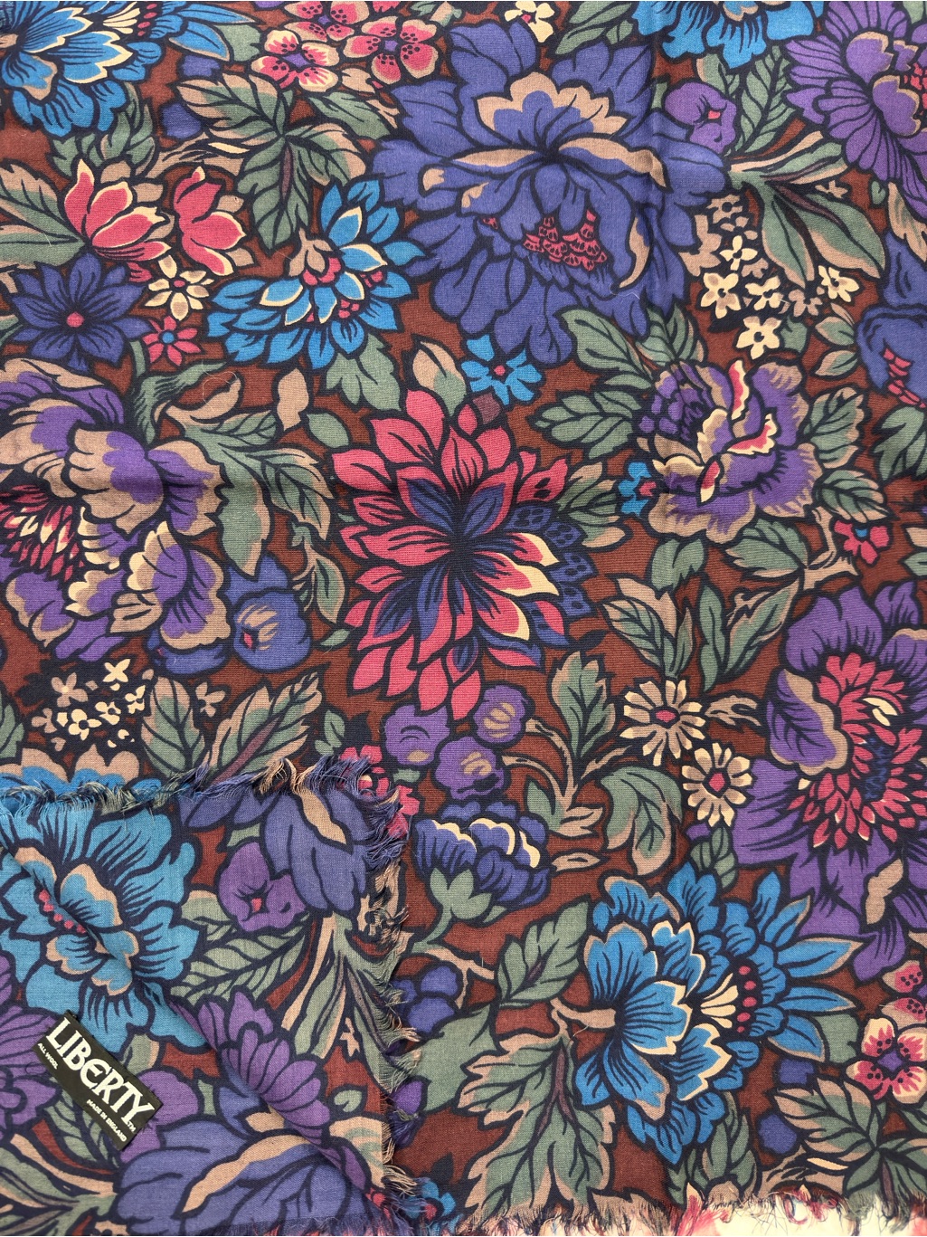 Liberty Of London Wool Brown Floral Shawl With Blue, Purple And Pink Blooms